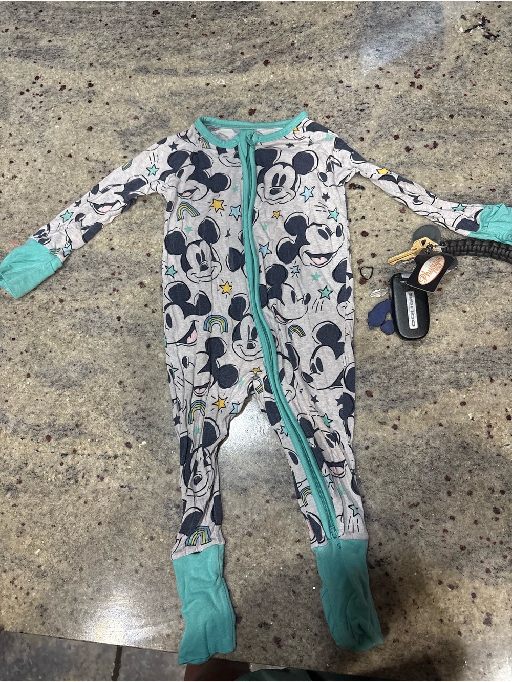 Little Sleepies Gray Mickey Mouse Footed Pajama with Teal Trim